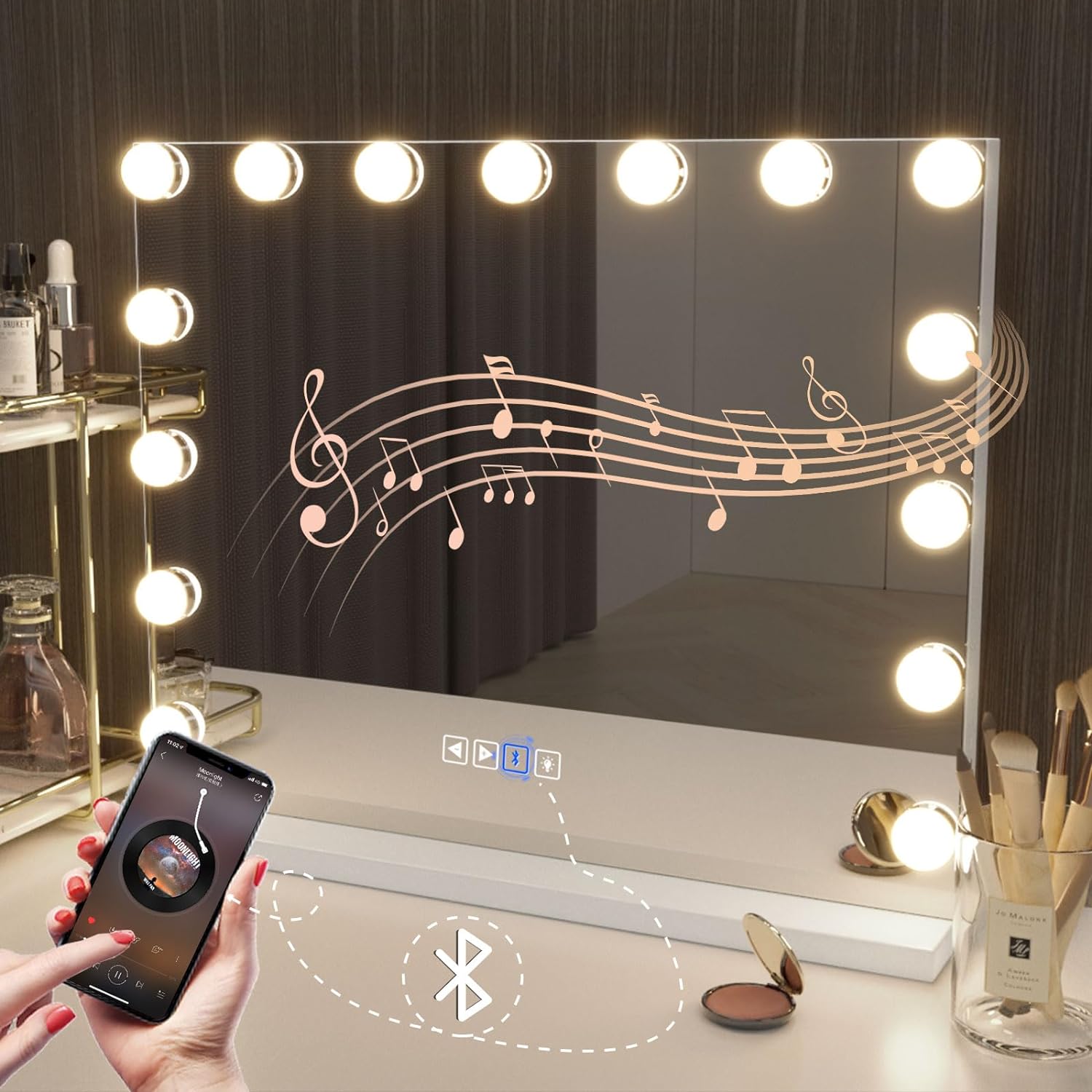 Hansong Vanity Mirror with Lights, 22'x18' Hollywood Mirror, Makeup Mirror with 15 Dimmable Bulbs, 10X Magnification and USB Charging Port, White